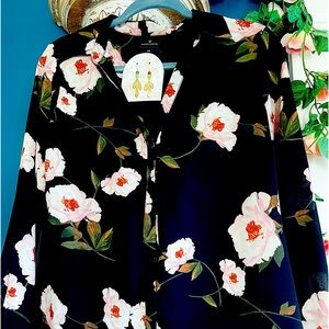 Worthington Floral Blouse & Handmade Earrings